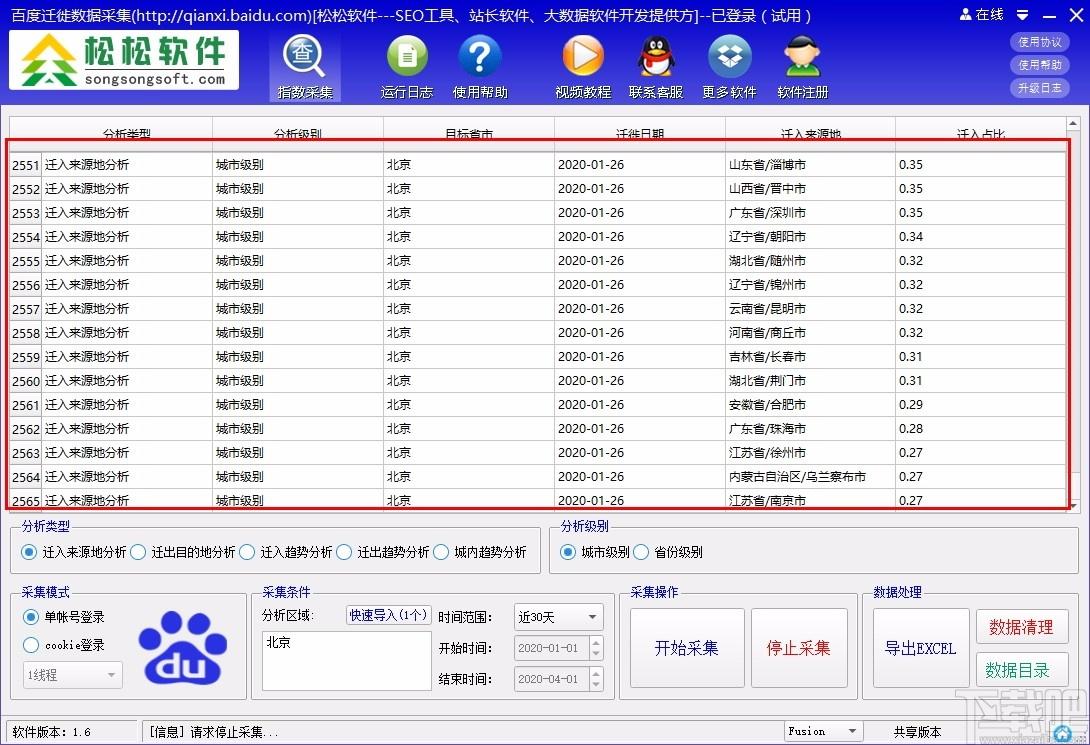 百度迁徙数据采集工具,百度迁徙数据采集软件,指数采集